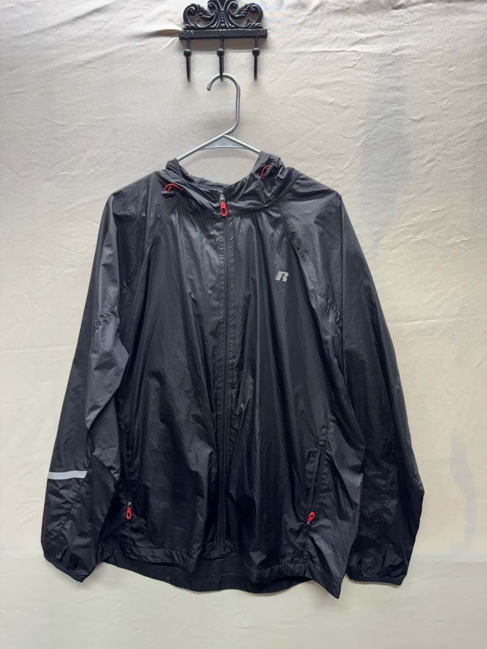Russell Athletic Windbreaker Jacket Size L Black Hooded Full Zip